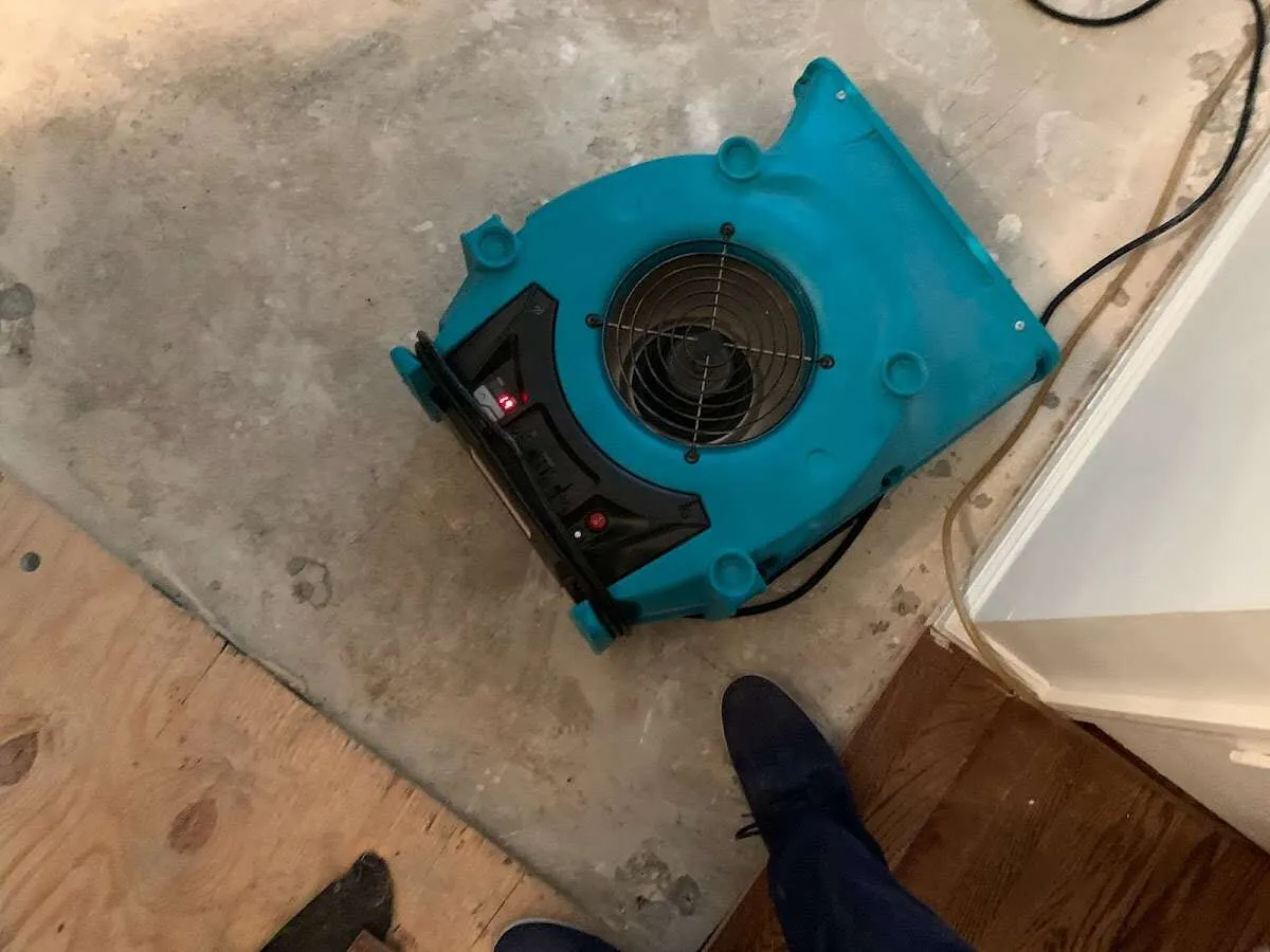 Air mover drying subfloor during Commercial Water Damage Restoration in Buckley